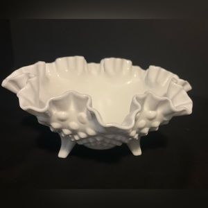 FENTON HOBNAIL MILK GLASS WHITE GLASS FOOTED RUFFLED BOWL